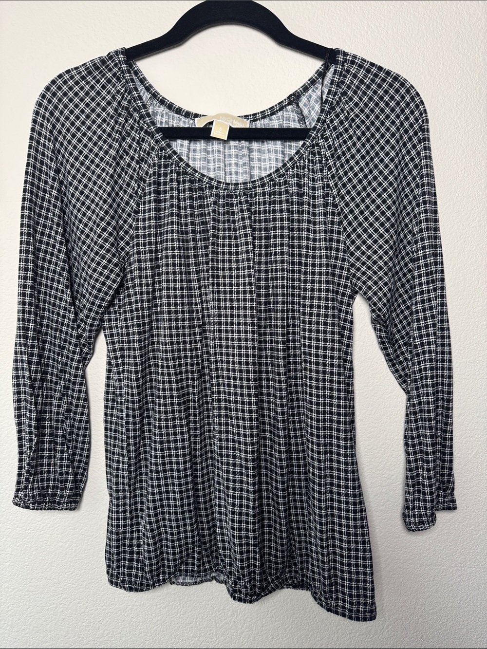 Michael Kors Black & White Plaid Scoop Neck Long Sleeve Top
